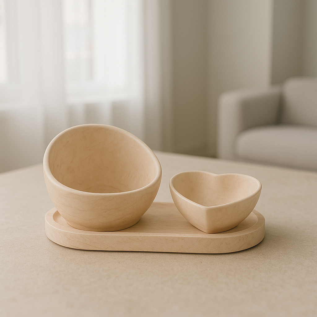 Minimalistička studijska fotografija seta Luma Sora – činija, srcolika posuda i postolje od jesmonita u neutralnim tonovima