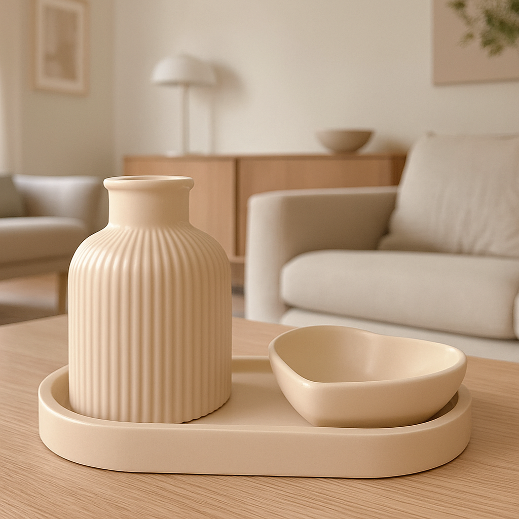 alt="Set vaze i činije od jesmonita na stolu u modernoj dnevnoj sobi"