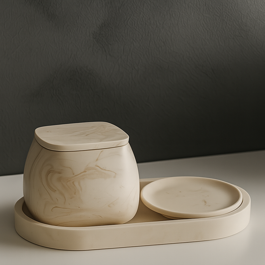 Dekorativna posuda od jesmonita sa poklopcem i tanjirićem na elegantnoj tamnoj pozadini