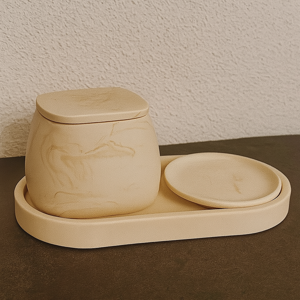 Ručno izrađen dekorativni set od jesmonita u modernom dnevnom boravku na mermernom stolu