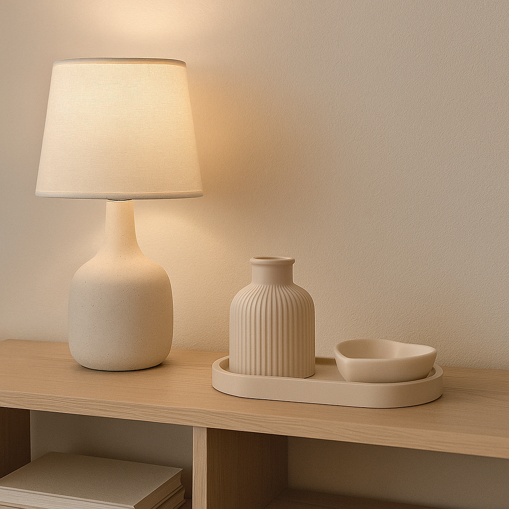 alt="Jesmonit dekorativni set Calma na drvenoj polici pored lampe"