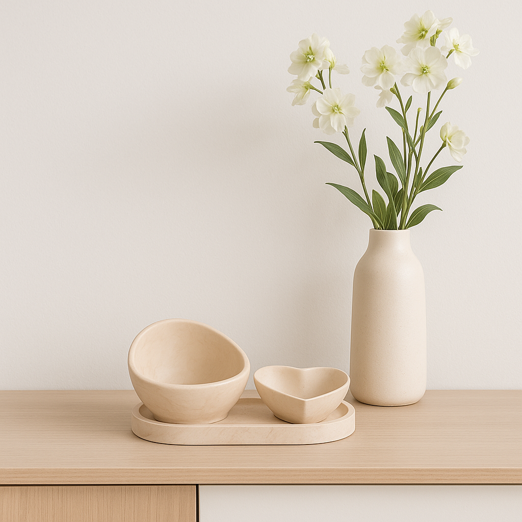 Dekorativni set Luma Sora od jesmonita na drvenoj komodi uz keramičku vazu sa belim cvećem u modernom enterijeru