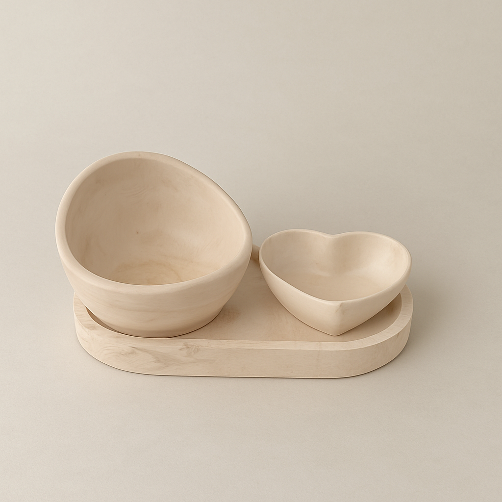 Unikatni dekorativni set Luma Sora u bež nijansi postavljen na stočiću u svetlom modernom prostoru sa foteljom u pozadini