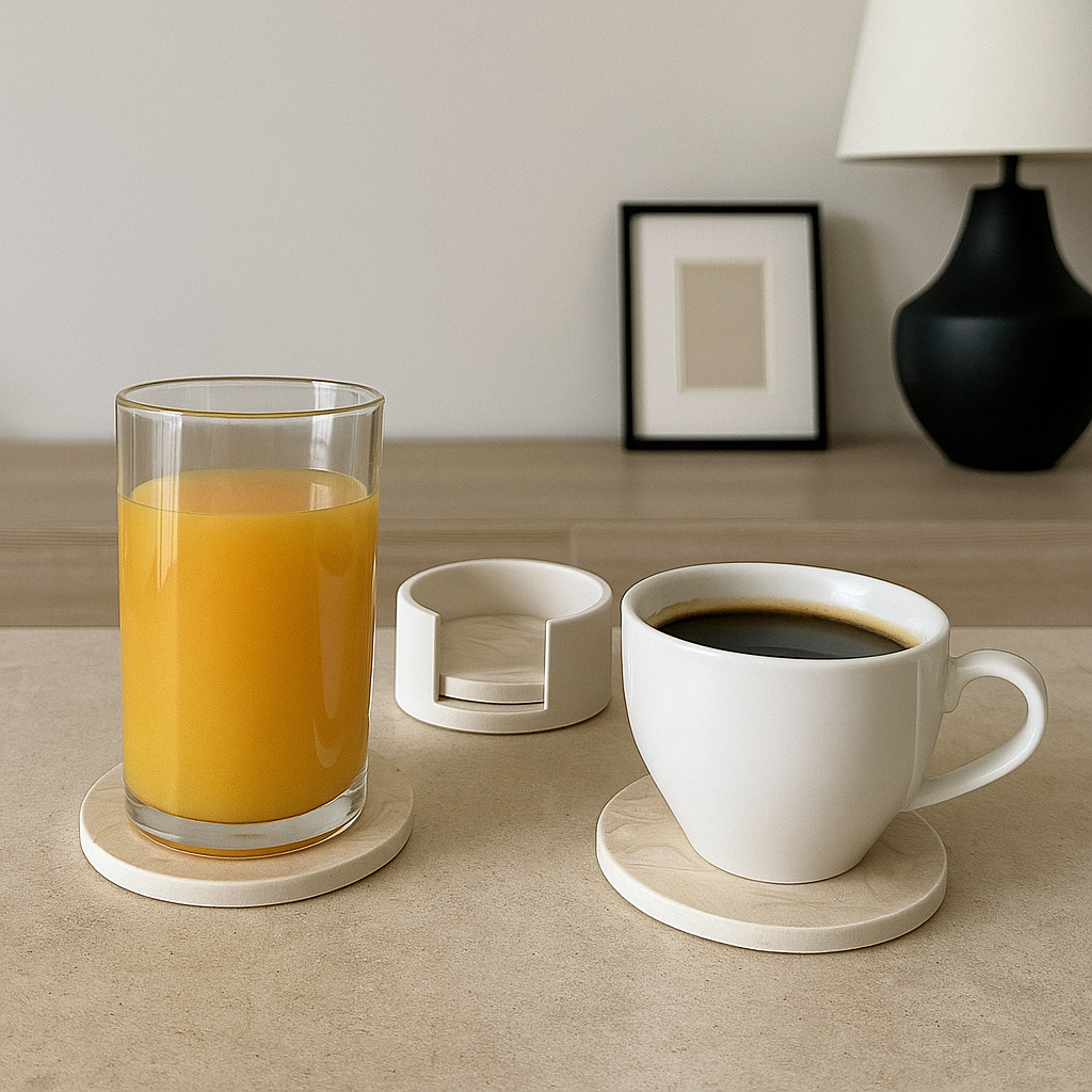 Čaša soka i šolja kafe na podmetačima sa postoljem u modernom enterijeru
