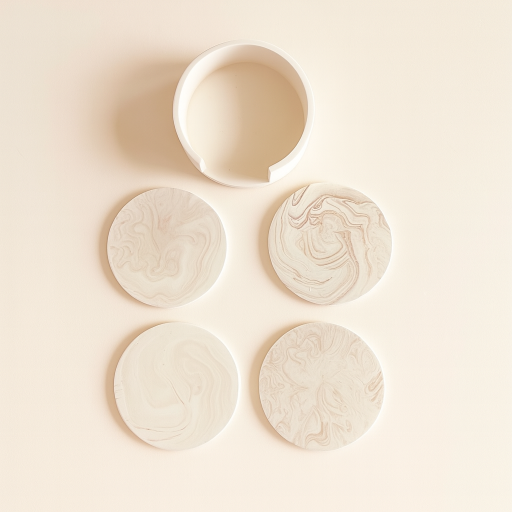 Set od četiri mramorna podmetača sa postoljem, snimljeni odozgo
